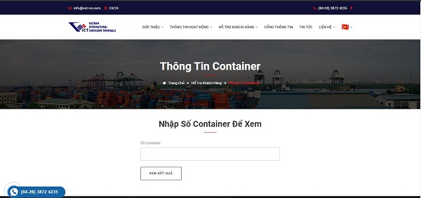 Màn hình tra số container tại web:https://www.vict-vn.com/