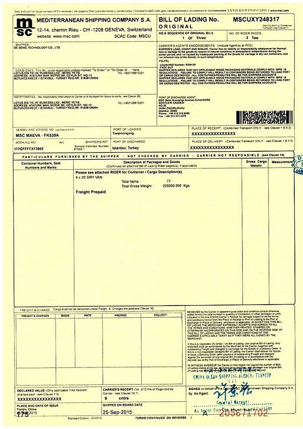 Mẫu vận đơn hàng hóa